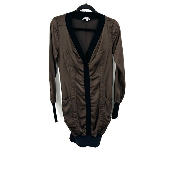CNC Costume National Dresses & Skirts - COSTUME NATIONAL Brown Black Silky V-Neck Long Sleeve Mini Dress Size Medium